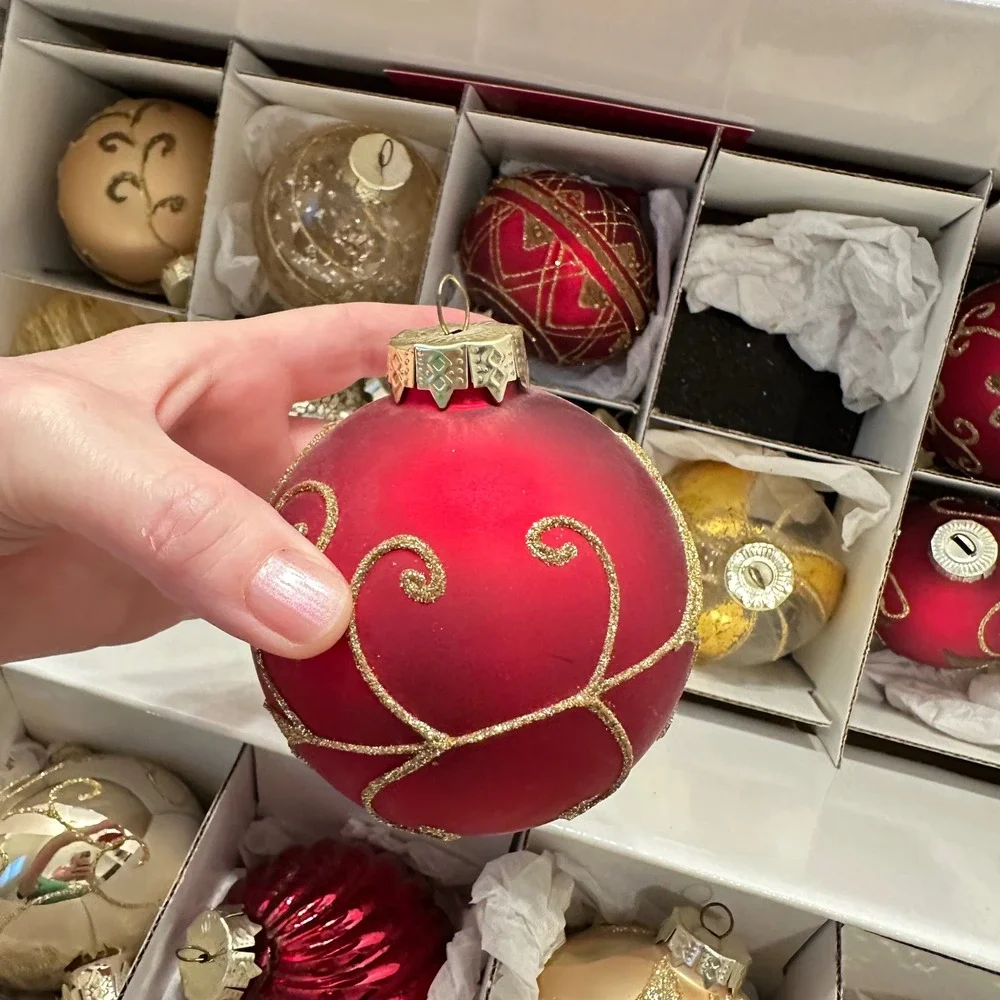 Winter Lane Red Gold Glass Christmas Ornaments Set of 20 Glitter Sequin Assorted